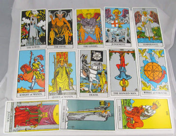 Rider-Waite major arcana closeup showcases iconic symbolism.