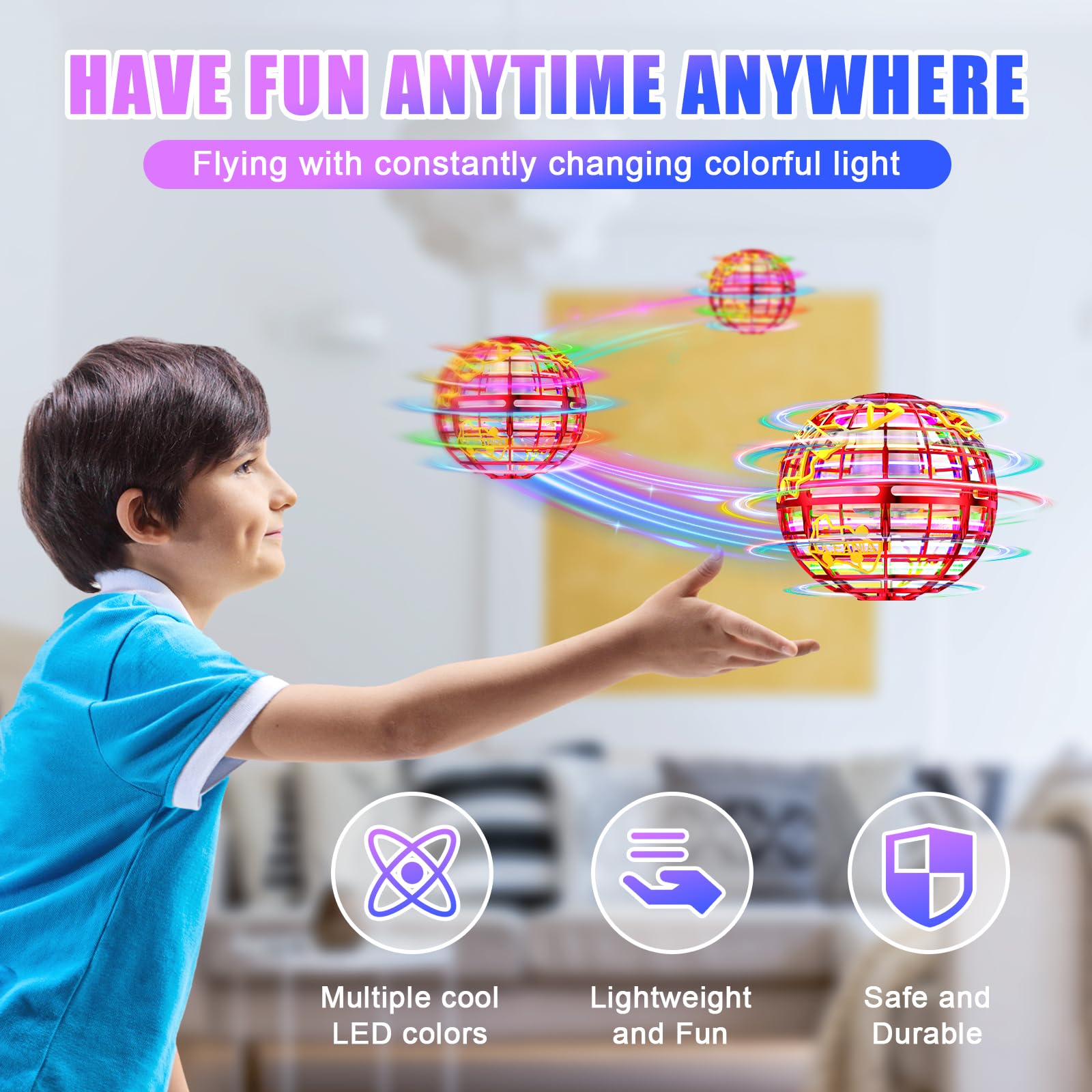 RIEYON Flying Orb Ball displaying six RGB lighting effects at night