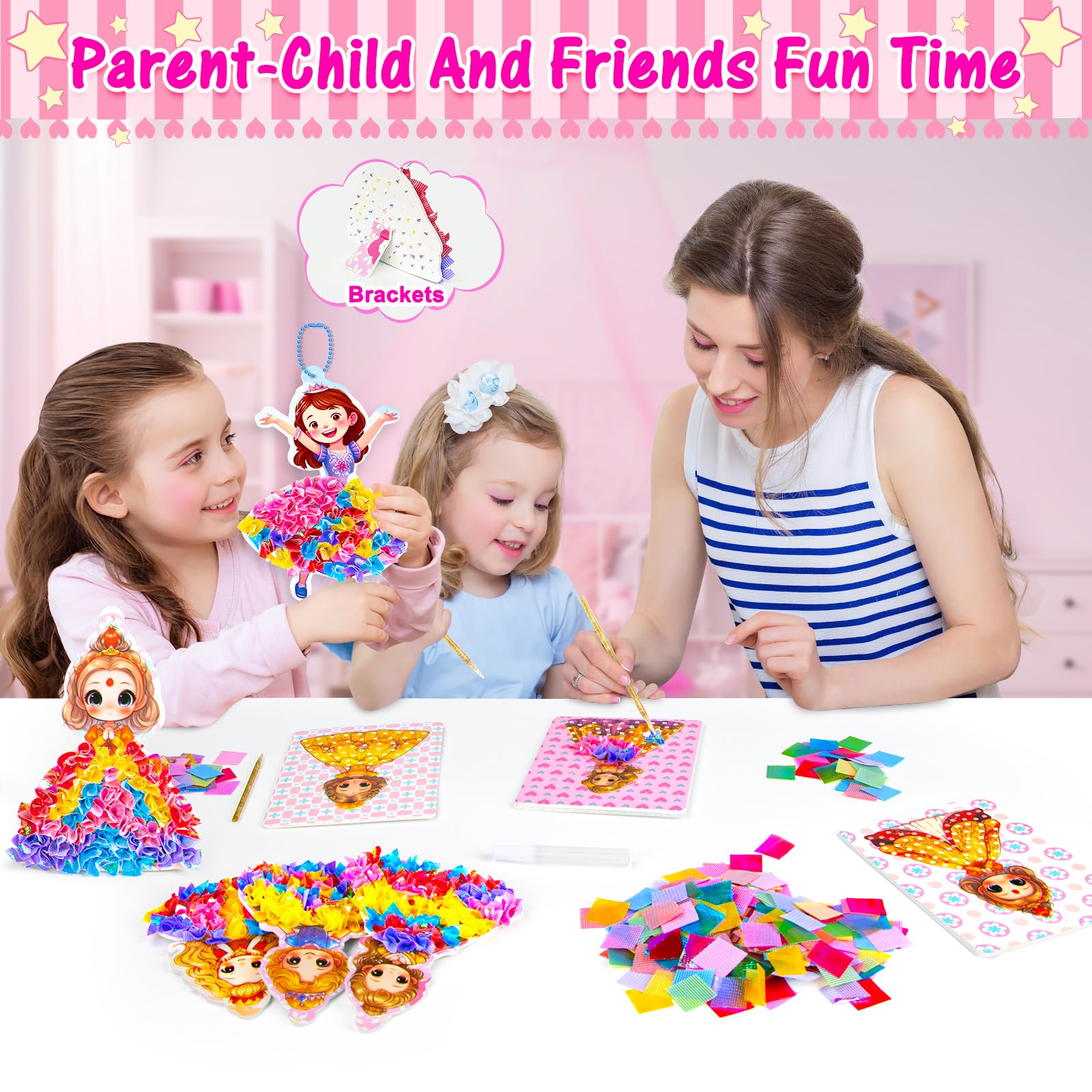 RIEYON fabric squares and color palette spark vivid princess artwork.