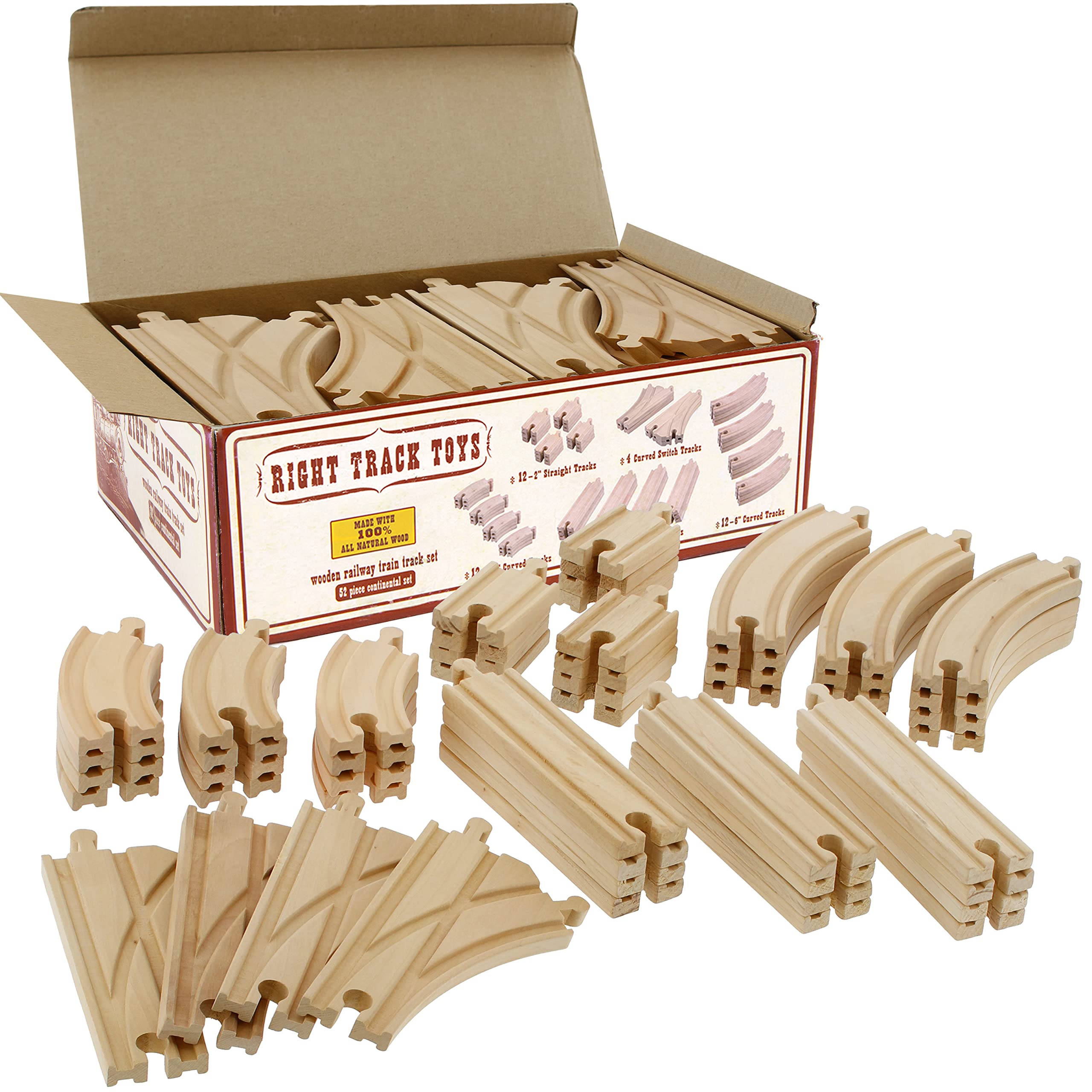 Right Track Toys wooden 52-piece track set for versatile layouts and expandability.