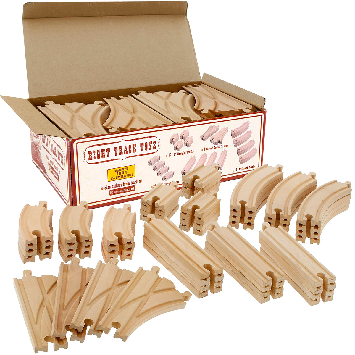 Right Track Toys wooden 52-piece track set for versatile layouts and expandability.