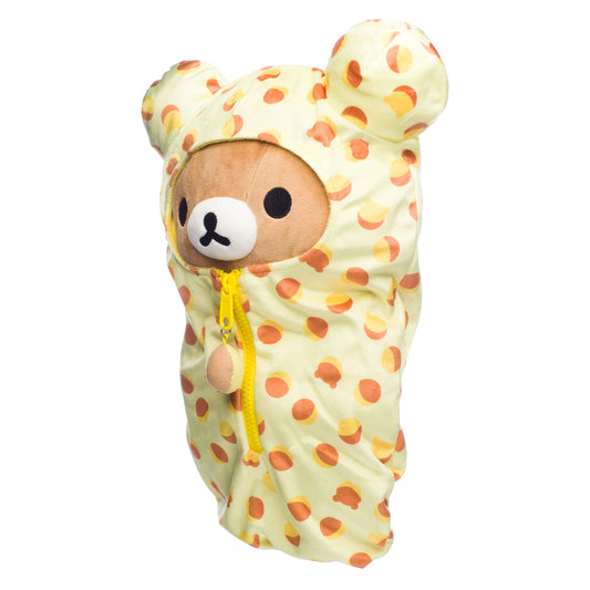 Rilakkuma Castella Cake plush with removable sleeping bag for easy care.