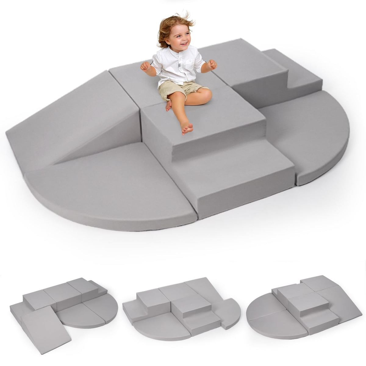 Rinnebbit 6-piece foam climbing blocks stacked for versatile, imaginative play.
