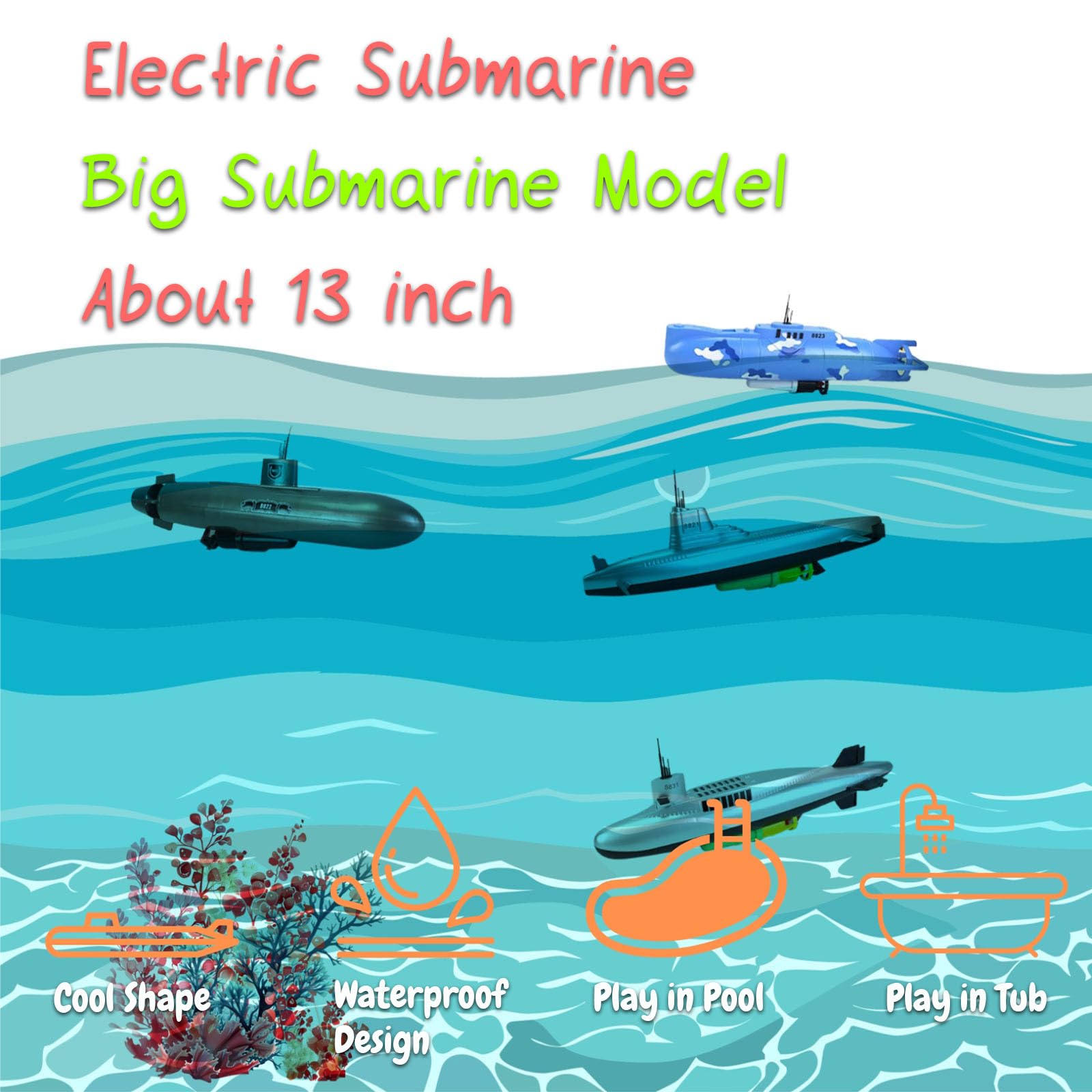 Rinnland submarine model toy shows 13 inches for realistic play.