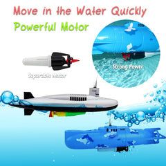 Rinnland submarine toy features waterproof, detachable motor for easy battery changes.
