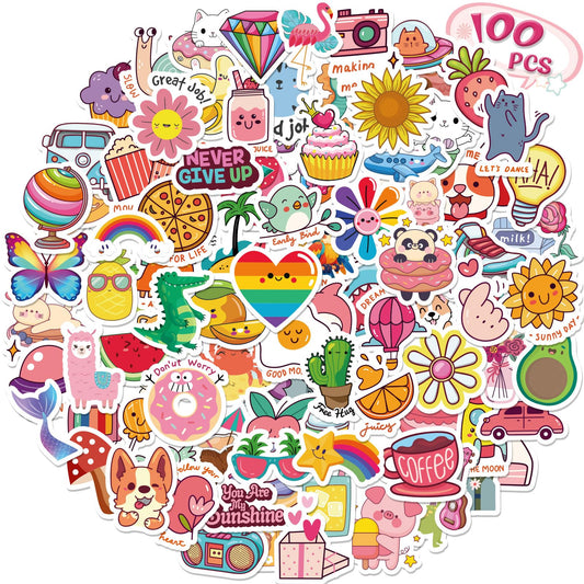 RINOLY 100 pcs water bottle stickers for kids, vibrant assortment for quick personalization.