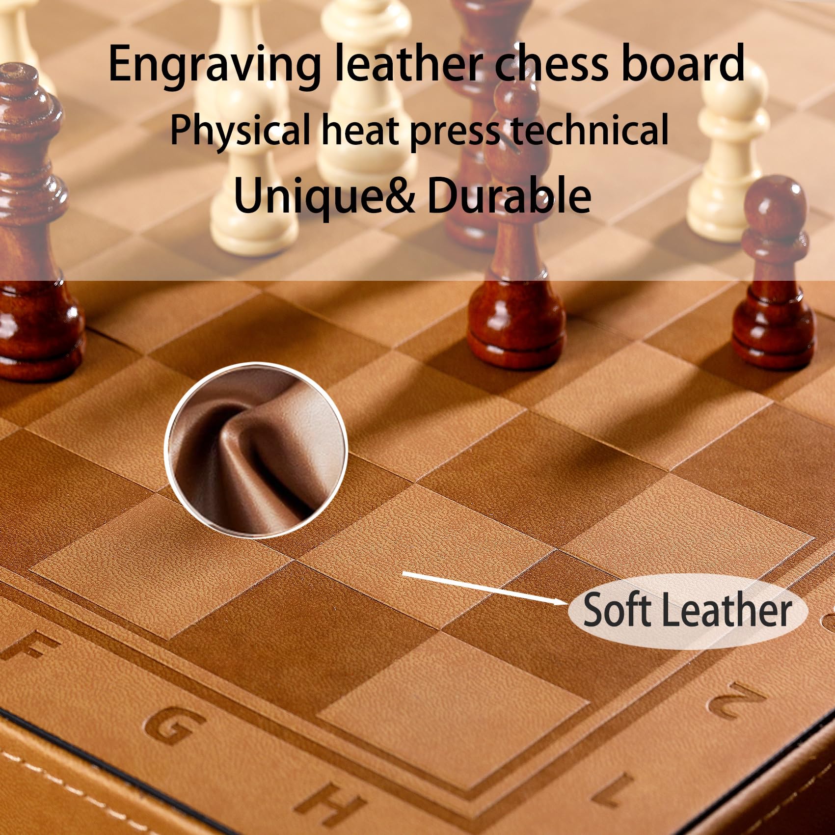 Rinten leather chess pieces close-up shows premium craftsmanship