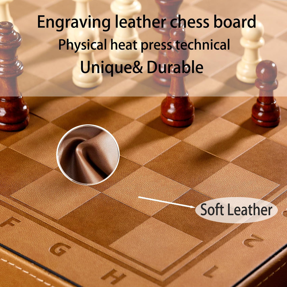 Rinten leather chess pieces close-up shows premium craftsmanship