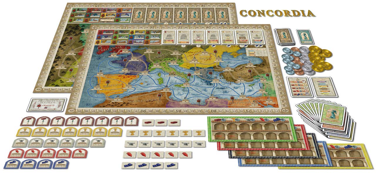 Concordia player boards and action discs ready for careful turn sequencing