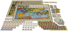 Concordia player boards and action discs ready for careful turn sequencing
