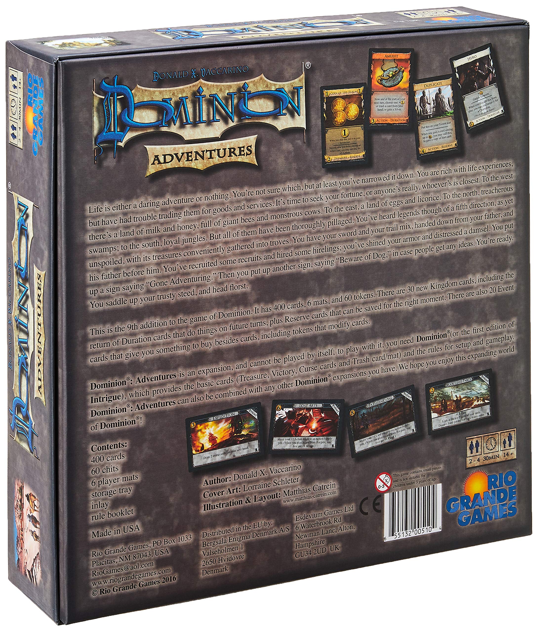 Rio Grande Games Dominion Adventures 400 cards spread for strategic decisions and replayability.