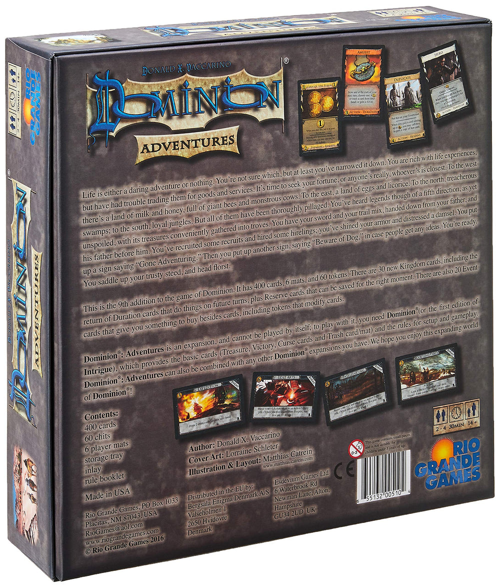 Rio Grande Games Dominion Adventures 400 cards spread for strategic decisions and replayability.