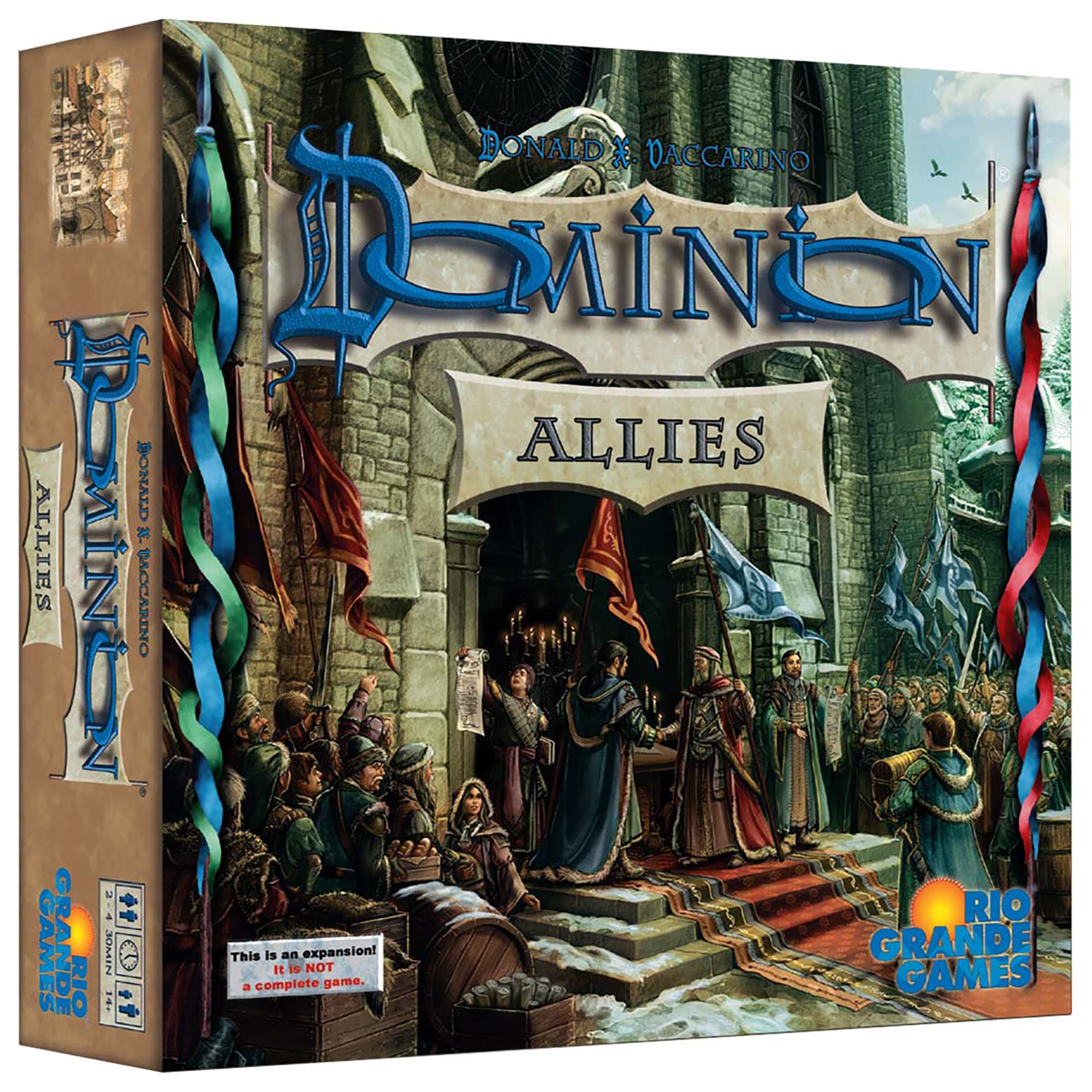 Rio Grande Games Dominion Allies expansion front cover showing new cards for richer play