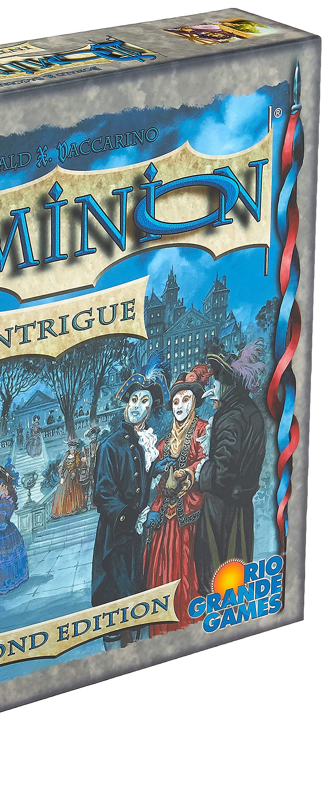 Rio Grande Games Dominion Intrigue 2nd Edition artwork emphasizes atmospheric theme and collectible card visuals.
