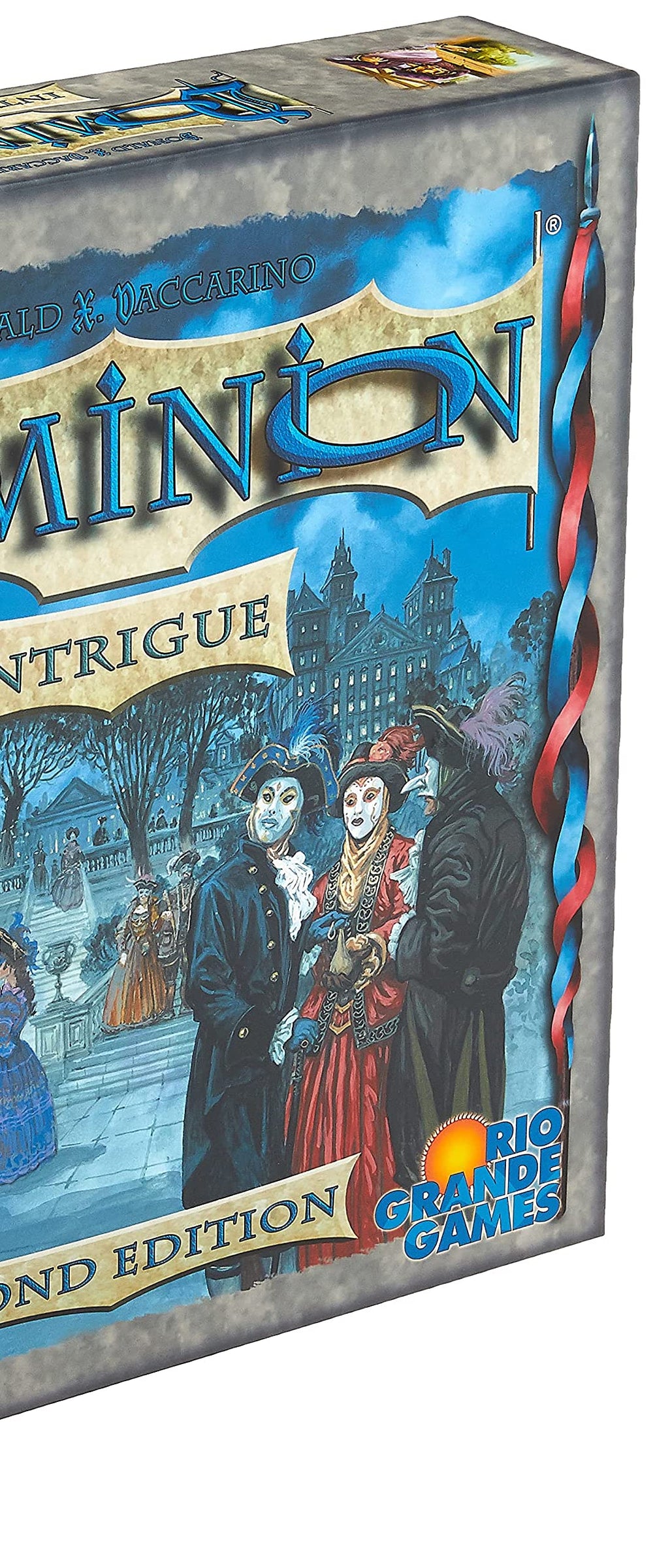 Rio Grande Games Dominion Intrigue 2nd Edition artwork emphasizes atmospheric theme and collectible card visuals.