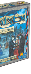 Rio Grande Games Dominion Intrigue 2nd Edition artwork emphasizes atmospheric theme and collectible card visuals.