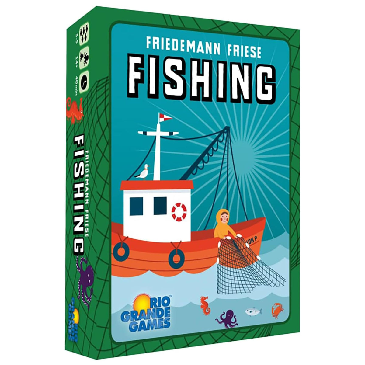 Rio Grande Games Fishing ocean theme artwork on the cards enhances thematic gameplay.