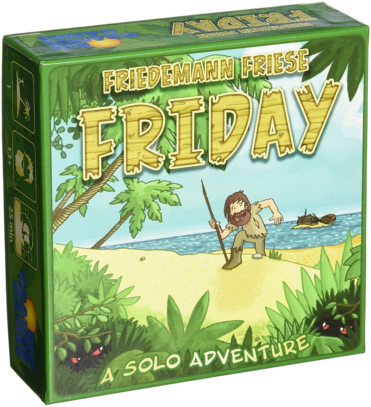 Rio Grande Games Friday box front showing a solo island adventure setup featuring Robinson.