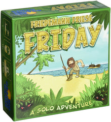 Rio Grande Games Friday box front showing a solo island adventure setup featuring Robinson.