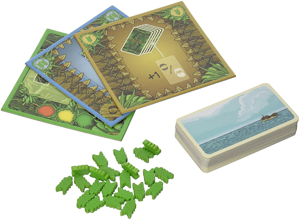 Rio Grande Games Friday gameplay card stack highlights Robinson's evolving behaviors for strategic solo play.