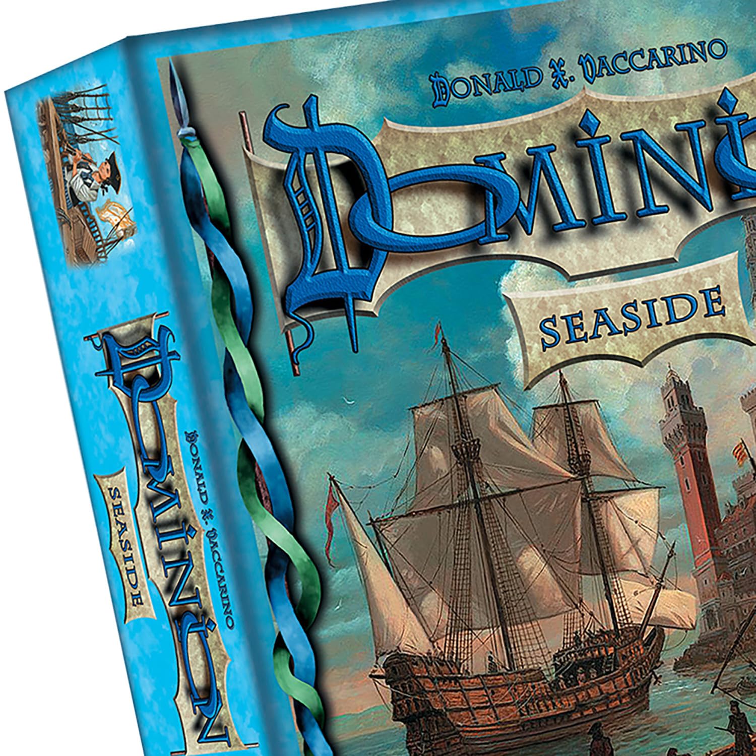 Rio Grande Games Seaside Second Edition map and tracks illustrate sea routes.