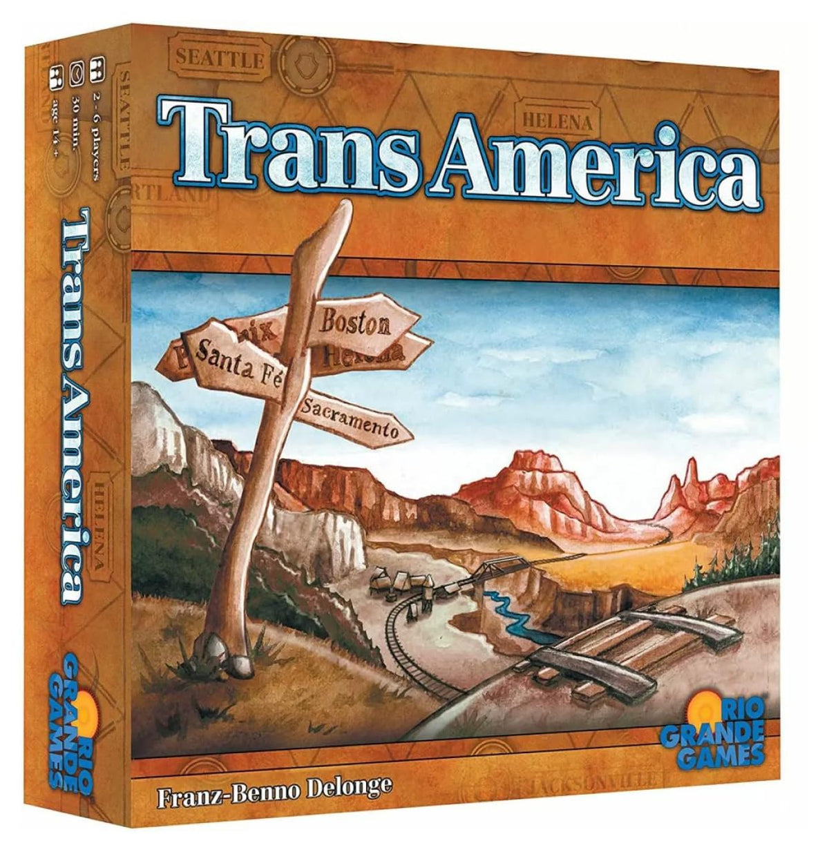 Rio Grande Games Transamerica box cover showing a railroad map for family game night
