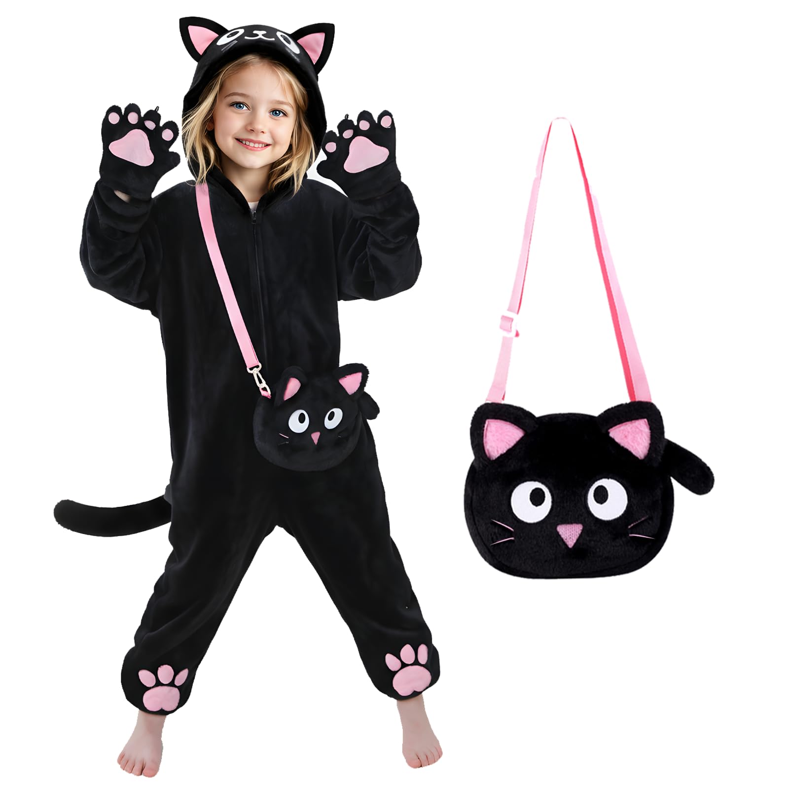 RISFUNIA Cat Costume for Kids with Bag front view shows a complete outfit for hassle-free trick-or-treating.