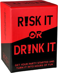 Risk It Or Drink It card deck on table, boosting party energy and laughs.
