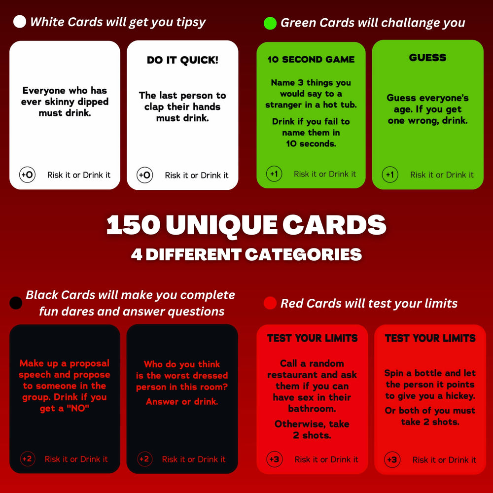 Risk It Or Drink It challenge card in hand elevates group energy.