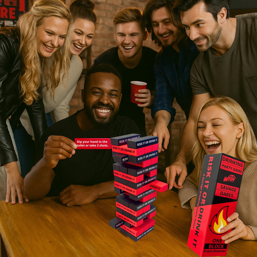 Risk It or Drink It close-up reveals bold dares and wood blocks