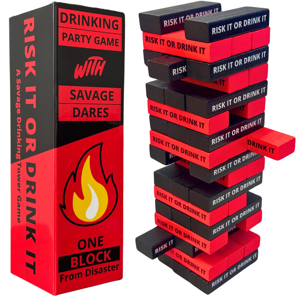 Risk It or Drink It tower setup for adults, ready for a game night