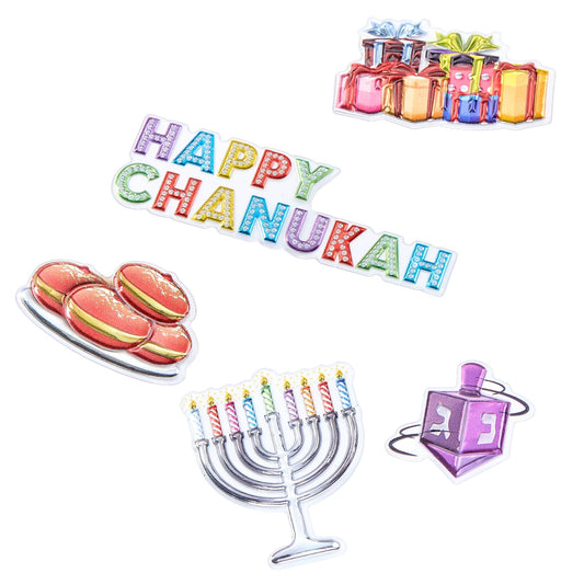 Rite Lite Hanukkah 3D metallic stickers featuring menorahs for décor and greetings.
