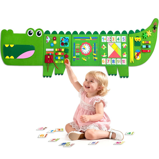 Rivibou Crocodile Busy Board front view promotes independent play and fine motor skill building