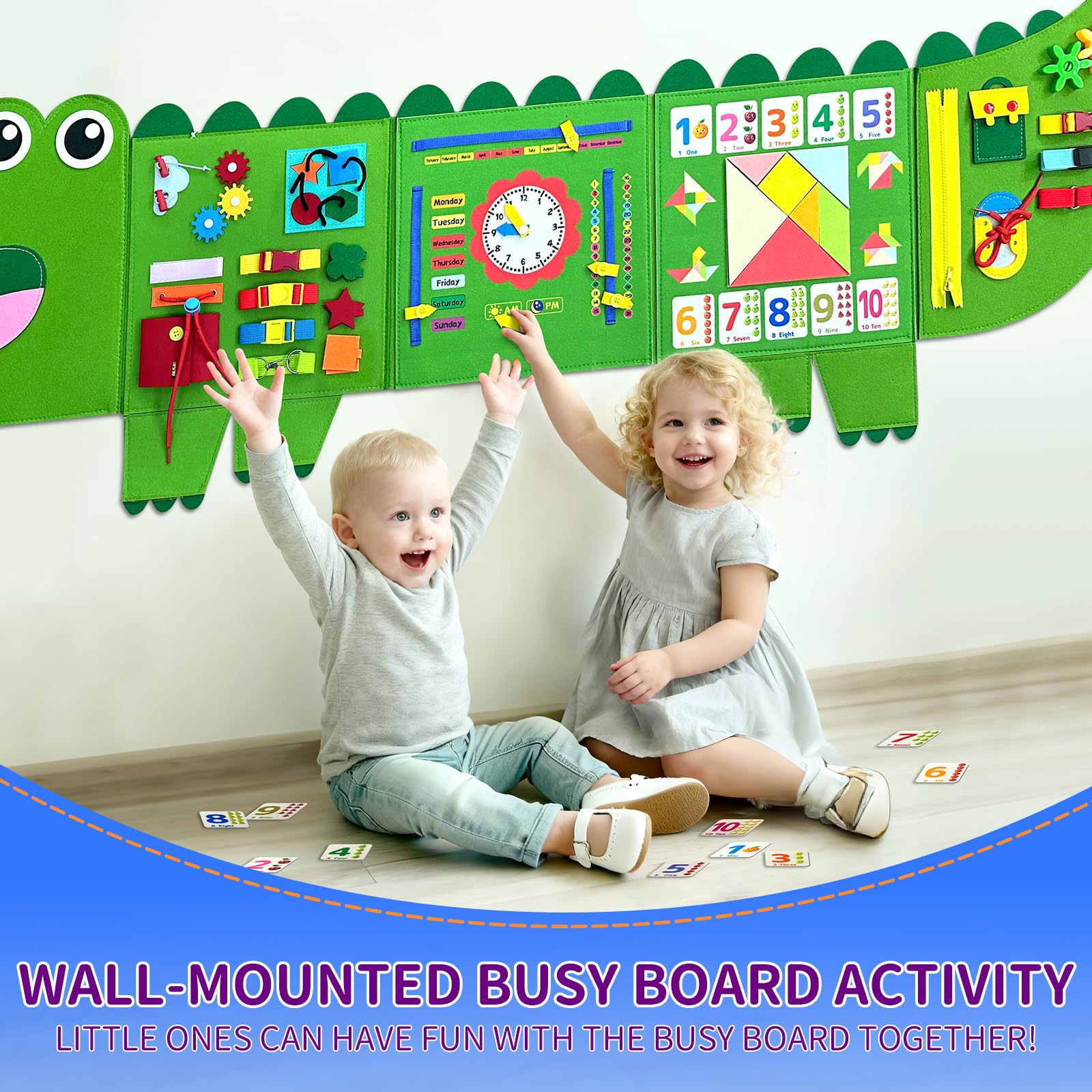 Tangram, clock, and calendar activities on Rivibou Crocodile Busy Board