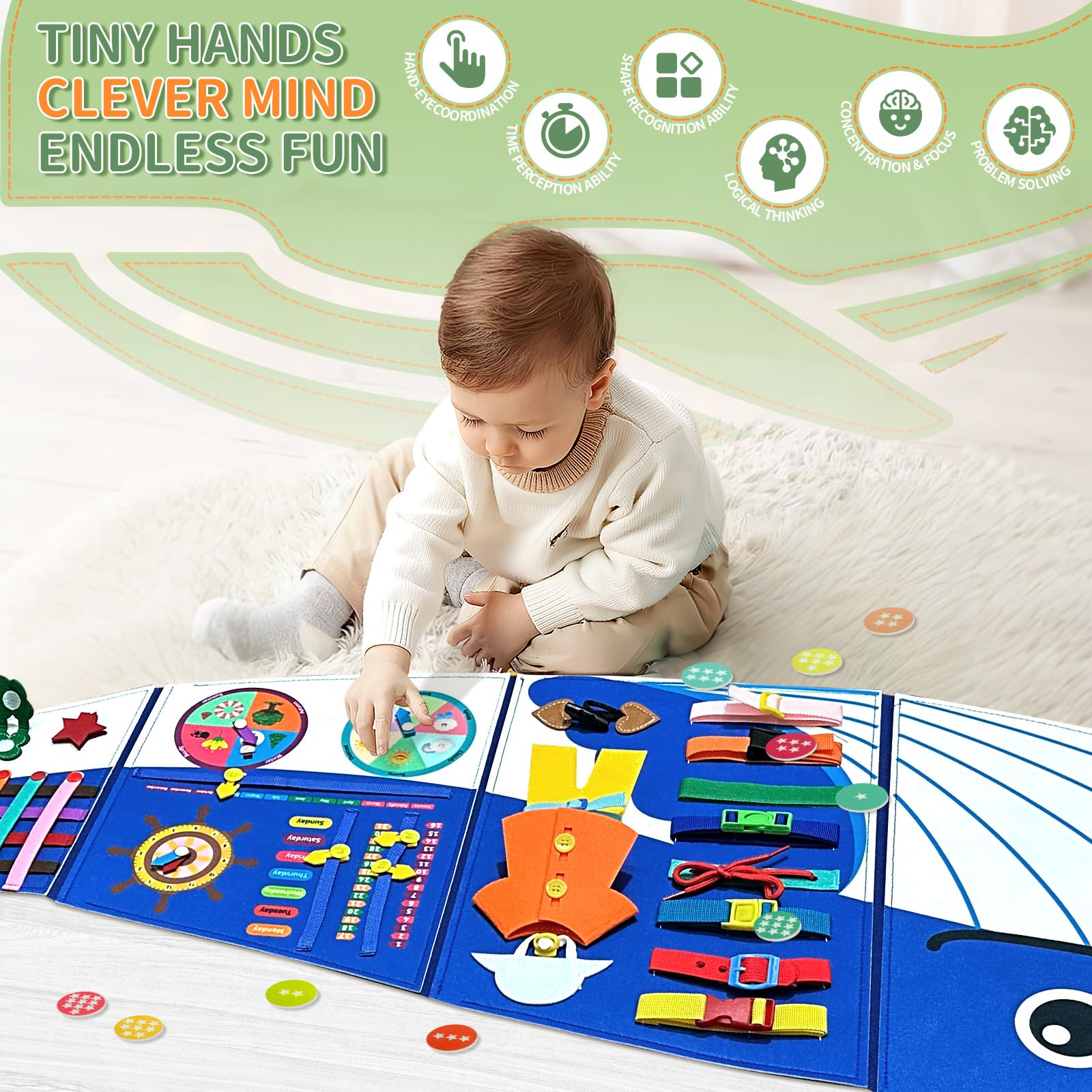 Rivibou toddler busy board closeup showing zippers and laces