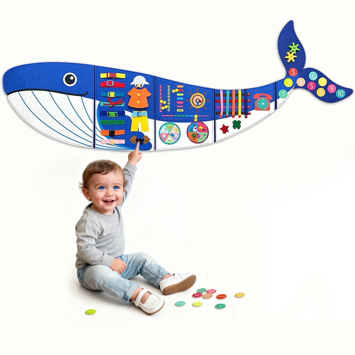 Rivibou Whale foldable busy board wall panel for sensory play and fine motor skills