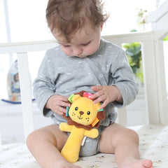 RIY plush lion face close-up highlighting friendly design for engaging baby attention