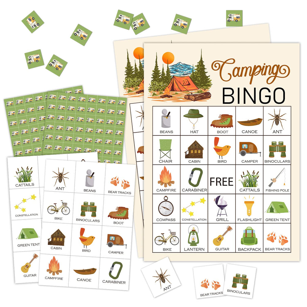 RLCNOT camping bingo card set for 24 players with durable 5x7 cards for groups.