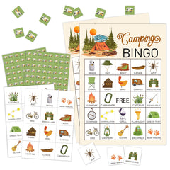 RLCNOT camping bingo card set for 24 players with durable 5x7 cards for groups.