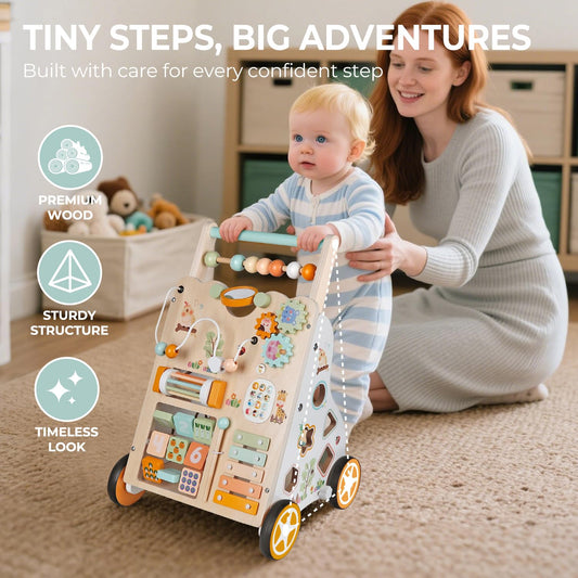Rmischolar Baby Push Walker side view showing adjustable height