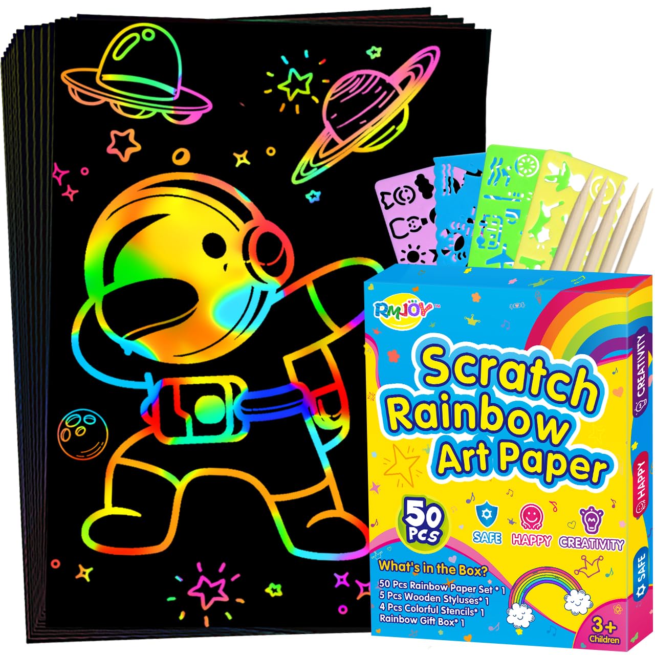 RMJOY Rainbow Scratch Paper 50pcs kit reveals colors for creative play