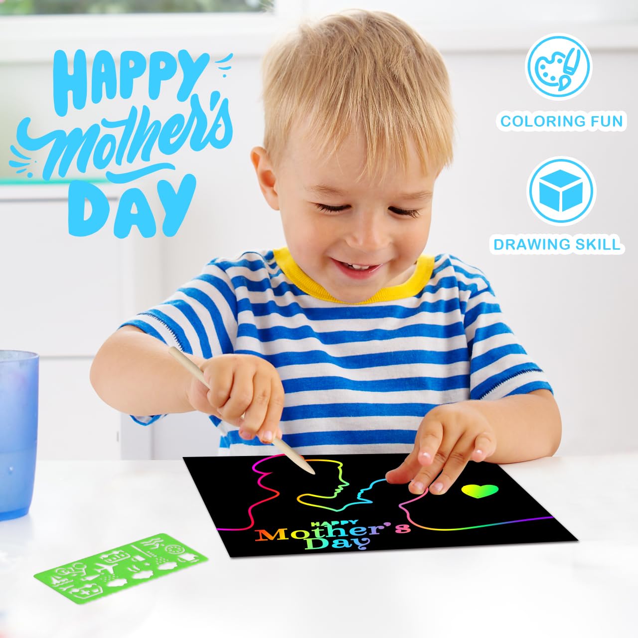 RMJOY wooden styluses accompany the rainbow scratch set for precise, mess-free drawing