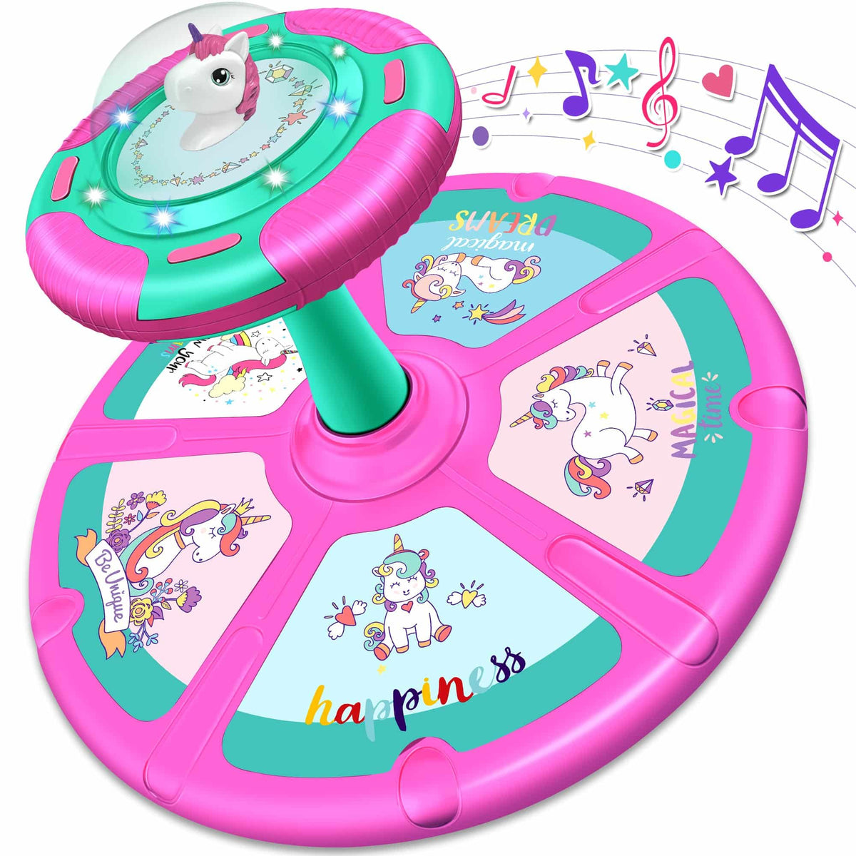 RMOKA Unicorn Sit and Spin Toy front view promotes balance and coordination during play.