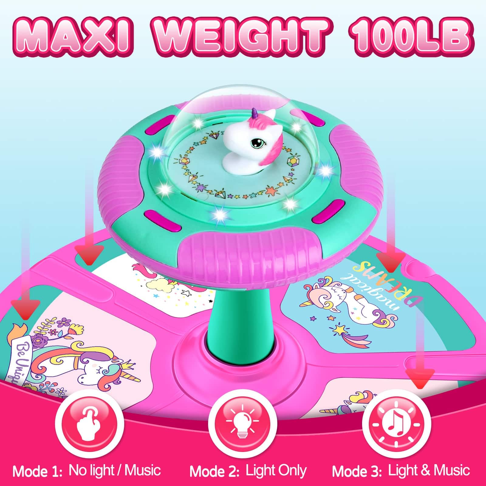 RMOKA Unicorn Sit and Spin Toy music mode adds cheerful sounds for curious spins.