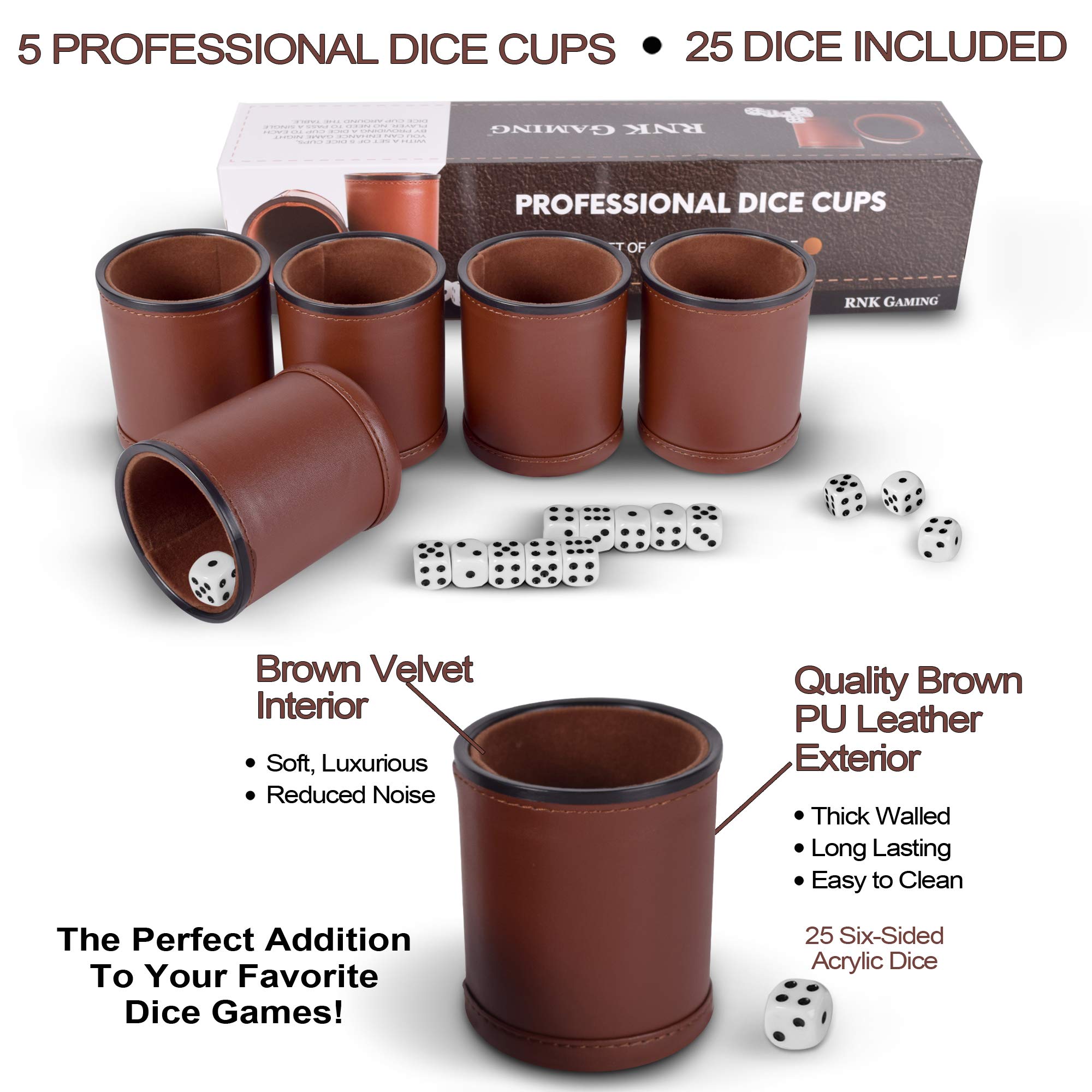 RNK Gaming 5-pack dice cups arranged for tabletop gaming.