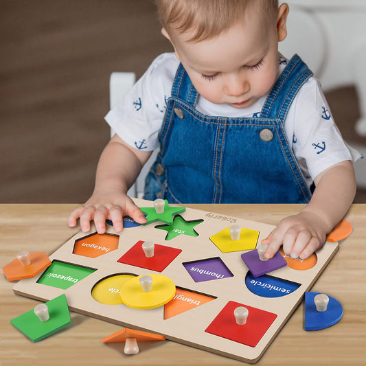 Roberly wooden puzzle set with 12 shapes shows vivid colors for cognitive play.