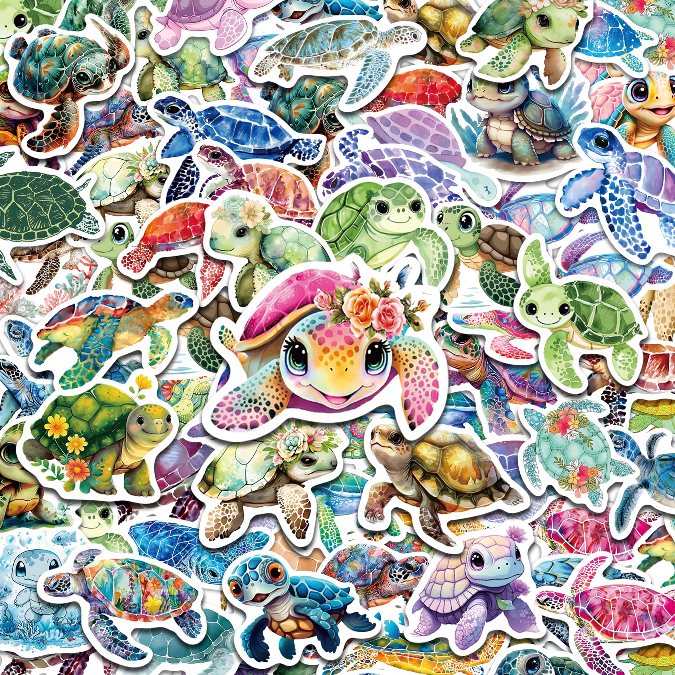 Robmoda 51-piece turtle stickers pack for water bottles, durable and removable.