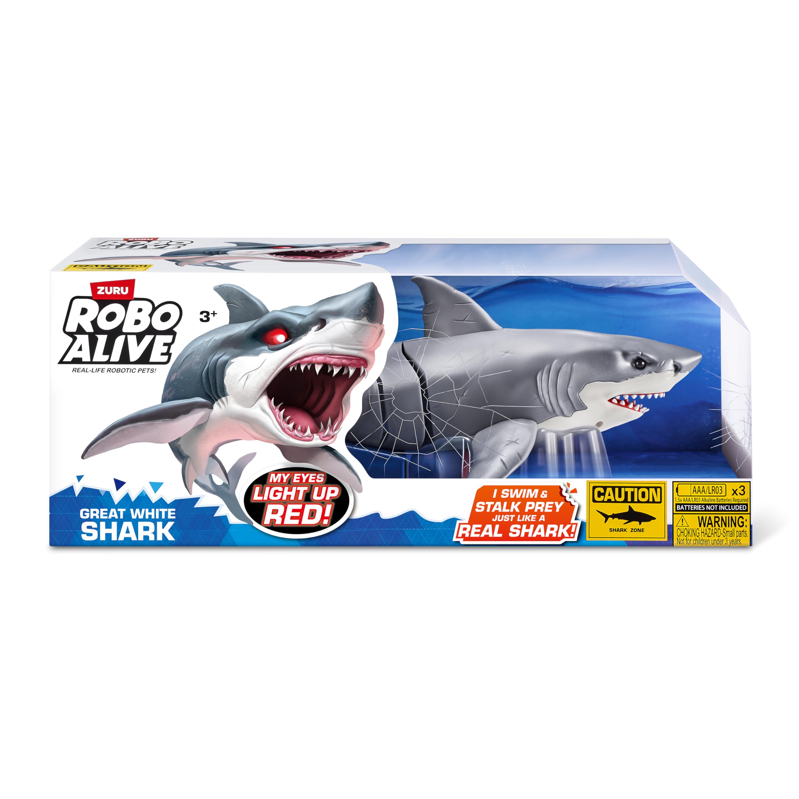 Robo Alive Great White Shark with red-glowing eyes in water