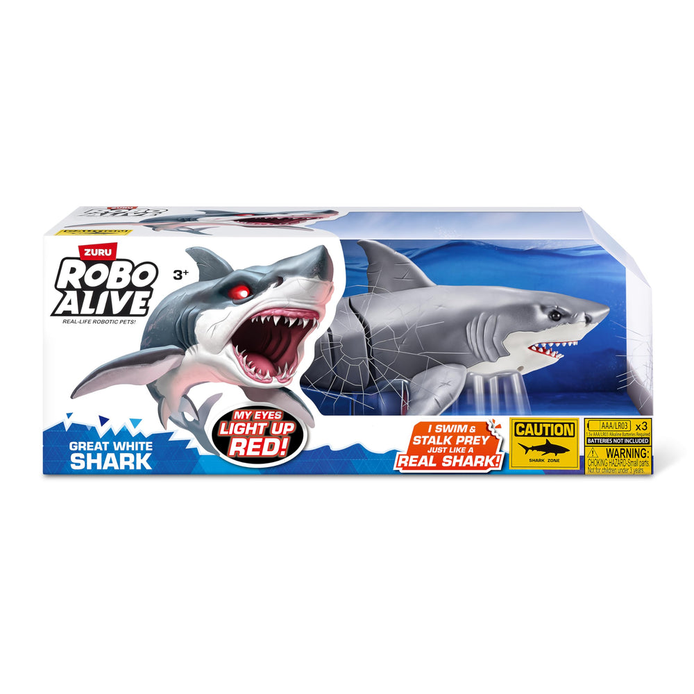 Robo Alive Great White Shark with red-glowing eyes in water