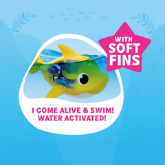 Robo Alive Junior Baby Shark yellow in bath demonstrating water-activated motion.